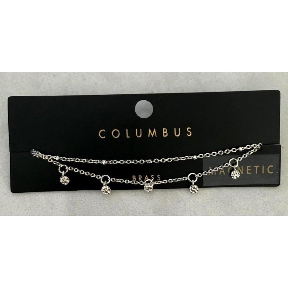 Columbus Magnetic Silver Tone Double Chain Rhinestone Charm Bracelet NWT